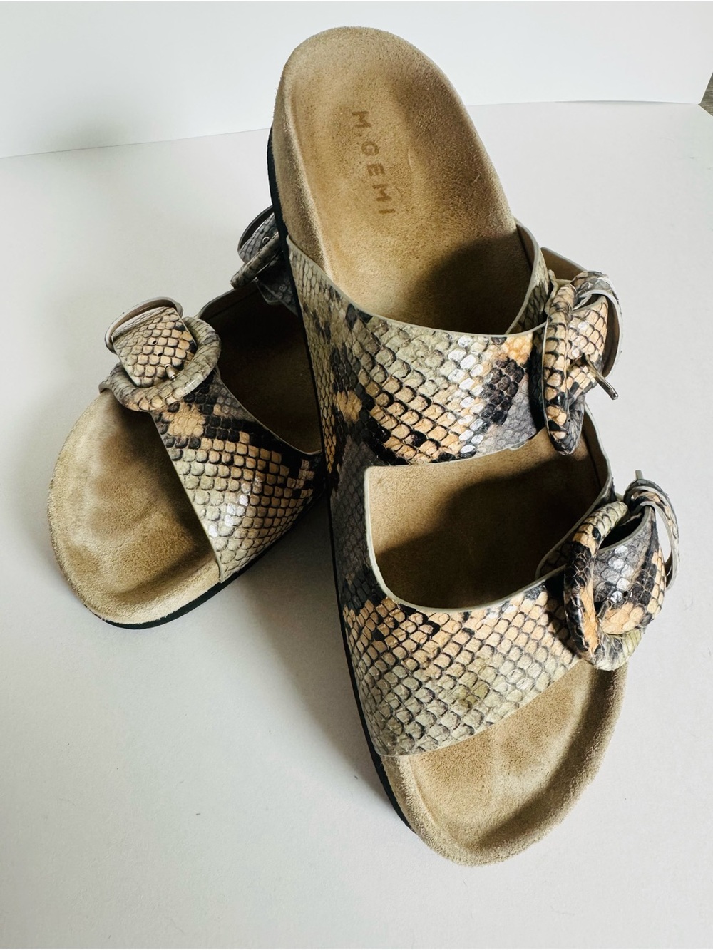M. Gemi Beige and Black Snake-Print Buckle Sandals